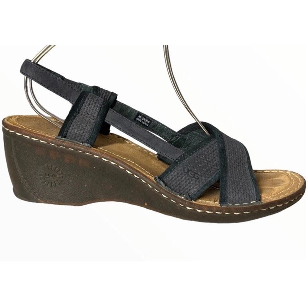 UGG Black Sling back Sandals Wedge Heels Summer Comfort Canvas Stretch Sz 10